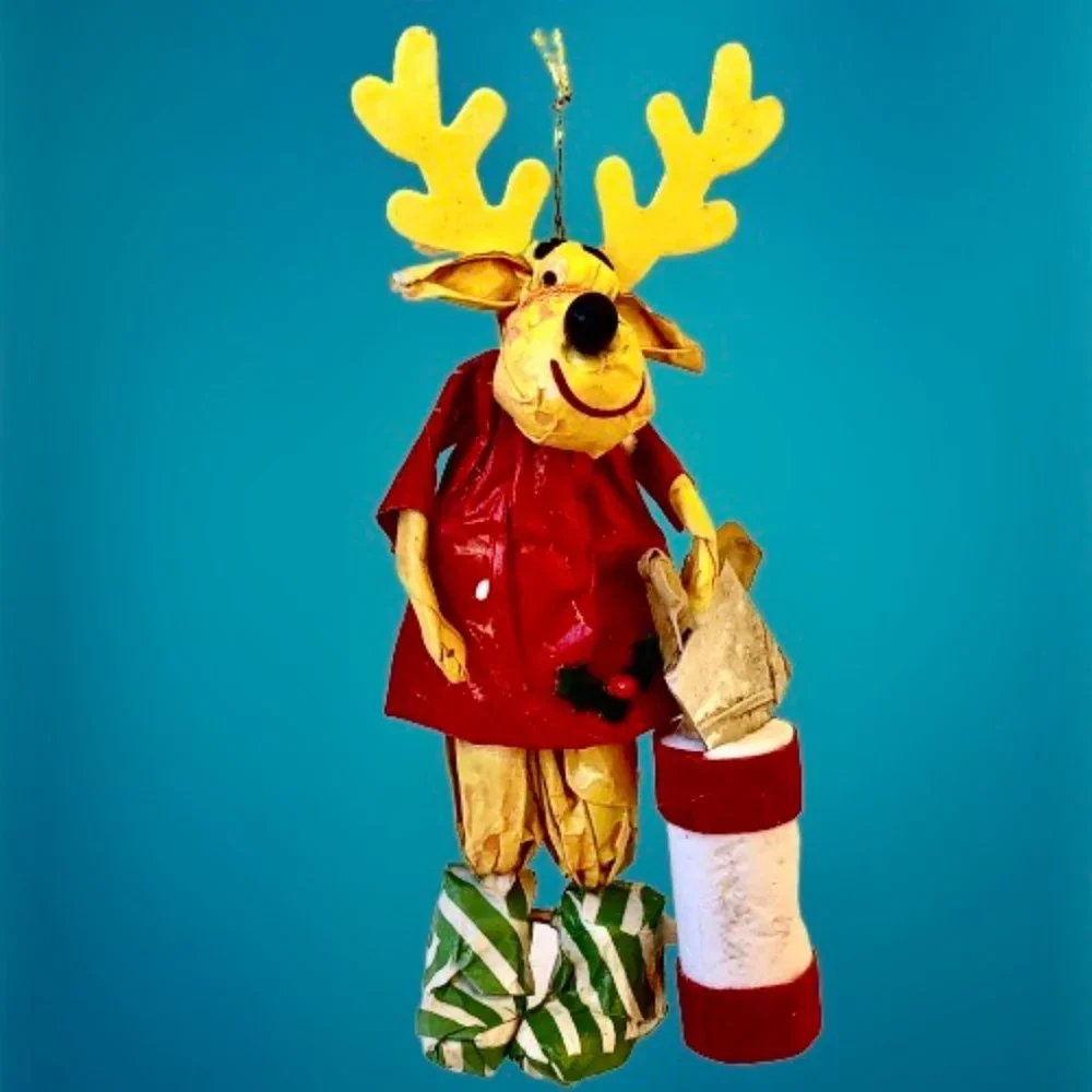 Vintage Christmas Ornament Paper Mache Moose in Dress Shopping Bag 5